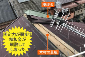 固定力が弱まり棟板金が飛散