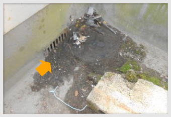 排水溝が泥や土で埋もれています